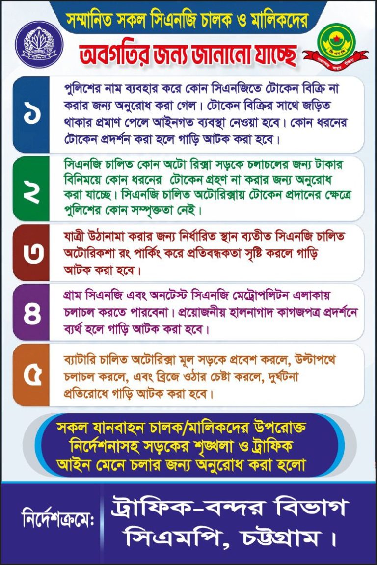 চট্টগ্রামে টোকেন বাণিজ্য ও অবৈধ পার্কিংয়ের বিরুদ্ধে সিএমপির সচেতনতামূলক অভিযান, স্থাপন করা হলো দিকনির্দেশনামূলক ব্যানার